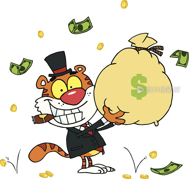 Happy Tiger Businessman Holding ?袋的美元